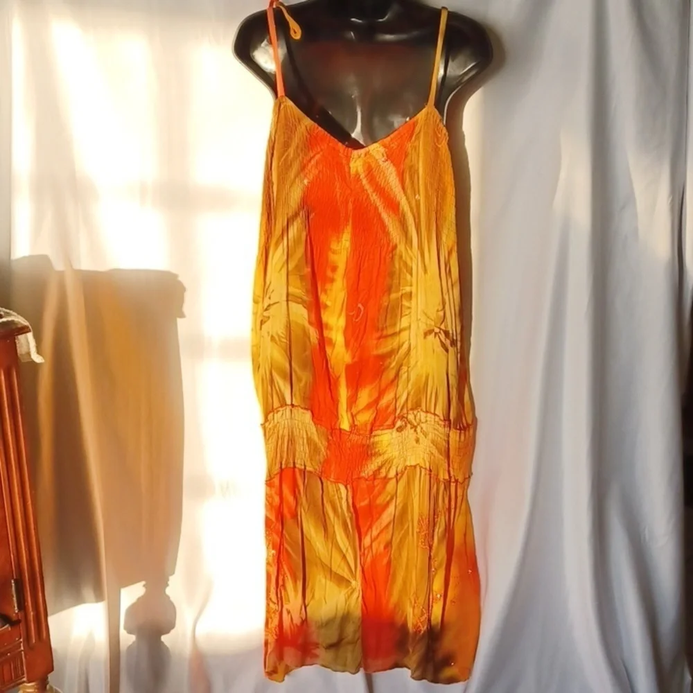 Punta Cana Dress, comfy, orange, yellow, brown,  tie shoulders